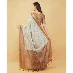 Generic Women's Polyester Printed Saree With Unstitched Blouse 5.5 Mtr (Off-White)