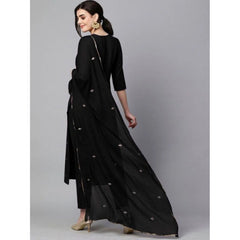 Generic Women's Tesla Silk Embroidered U-Neck Kurti With Pant Dupatta Set (Black)