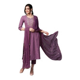 Generic Women's Tesla Silk Embroidered U-Neck Kurti With Pant Dupatta Set (Light Purple)