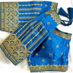 Generic Women's Phantom Silk Embroidered Designer Neck Padded Blouse (Blue 38 Ready (Alterable up to 42)