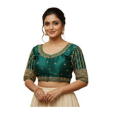 Generic Women's Phantom Silk Embroidered Designer Neck Padded Blouse (Teal 38 Ready (Alterable up to 42)