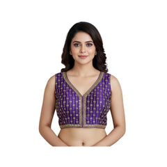 Generic Women's Silk Blend Embroidered V-Neck Non Padded Blouse (Purple 38 Ready (Alterable up to 42)