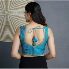 Generic Women's Silk Blend Embroidered V-Neck Non Padded Blouse (Sky 38 Ready (Alterable up to 42)