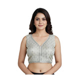 Generic Women's Silk Blend Embroidered V-Neck Non Padded Blouse (White 38 Ready (Alterable up to 42)