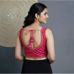Generic Women's Silk Blend Embroidered V-Neck Non Padded Blouse (Pink 38 Ready (Alterable up to 42)