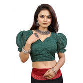 Generic Women's Cotton Embroidered V-Neck Non Padded Blouse (Green 36 Ready (Alterable up to 42)