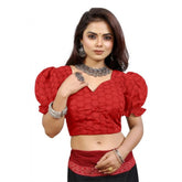 Generic Women's Cotton Embroidered V-Neck Non Padded Blouse (Red 36 Ready (Alterable up to 42)