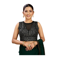 Generic Women's Rayon Cotton Bandhani Printed Halter Neck Non Padded Blouse (Black 38 Ready (Alterable up to 42)