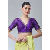 Generic Women's Banarasi Silk Sequence V Neck Non Padded Blouse (Purple 38 Ready (Alterable up to 42)