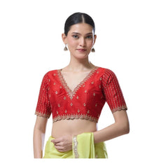 Generic Women's Banarasi Silk Sequence V Neck Non Padded Blouse (Red 38 Ready (Alterable up to 42)