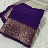 Generic Women's Crepe Chit Pallu Solid Saree With Unstitched Blouse 5.5Mtr (Purple)