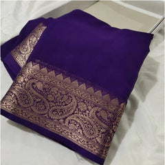 Generic Women's Crepe Chit Pallu Solid Saree With Unstitched Blouse 5.5Mtr (Purple)