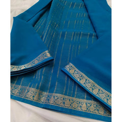 Generic Women's Crepe Chit Pallu Solid Saree With Unstitched Blouse 5.5Mtr (teal blue)