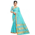  Women's Kota Doria Cotton Checked Saree With Blouse (Sky Blue, 5-6 Mtrs)