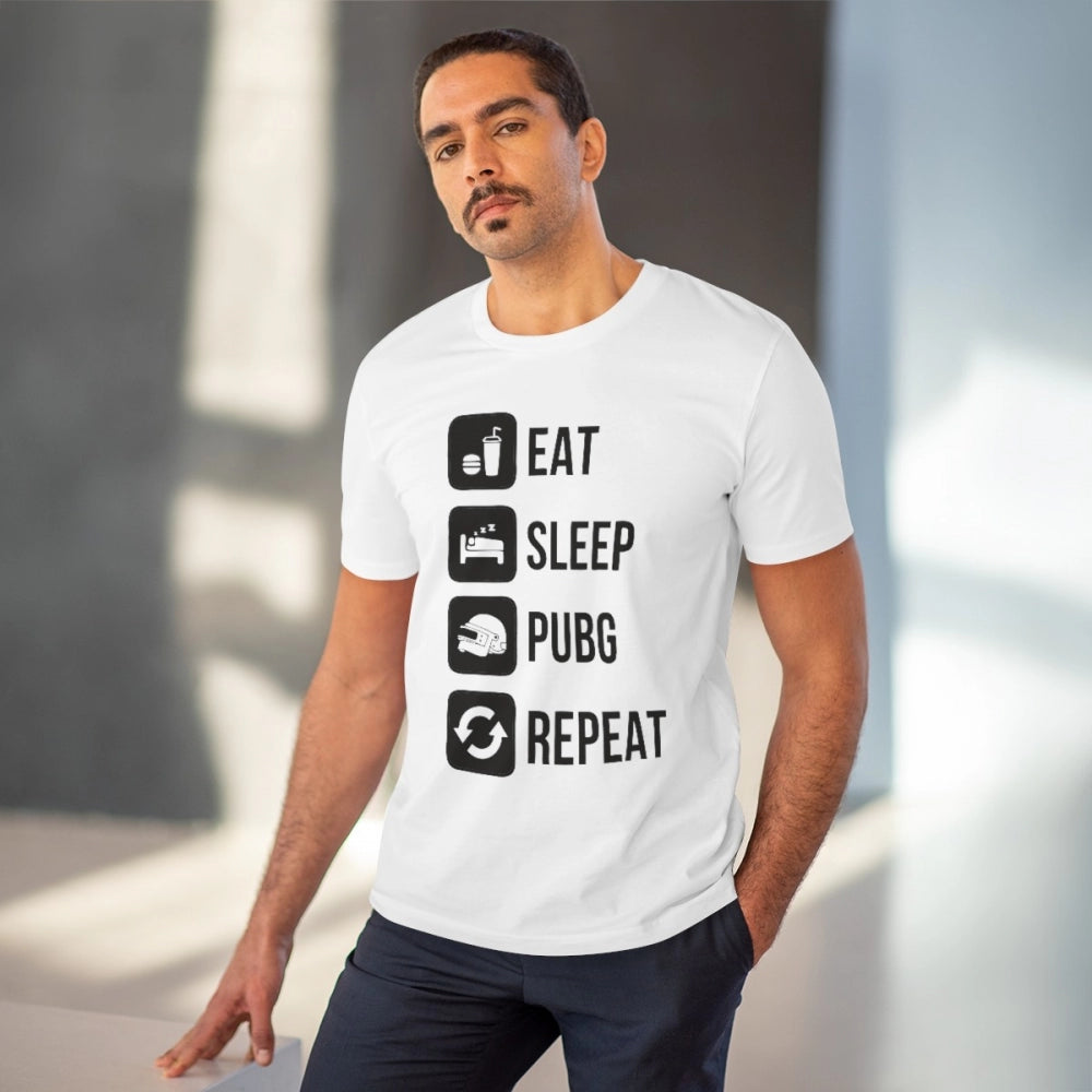 जेनेरिक मेन्स पीसी कॉटन टी-शर्ट, ईट स्लीप पबजी रिपीट प्रिंटेड (रंग: सफेद, थ्रेड काउंट: 180 जीएसएम)