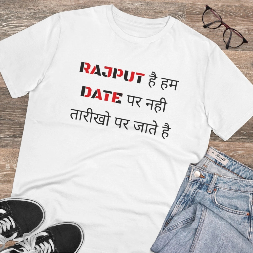 जेनेरिक पुरुषों के लिए पीसी कॉटन राजपूत है हम डेट पर नहीं तारीख पर जाते हैं प्रिंटेड टी शर्ट (रंग: सफेद, थ्रेड काउंट: 180GSM)