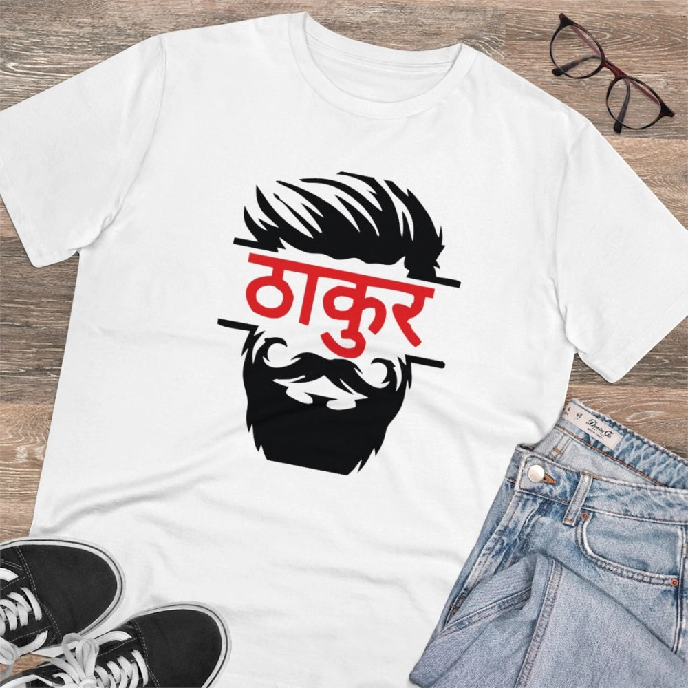 जेनरिक मेन्स पीसी कॉटन ठाकुर प्रिंटेड टी-शर्ट (रंग: सफेद, थ्रेड काउंट: 180 जीएसएम)