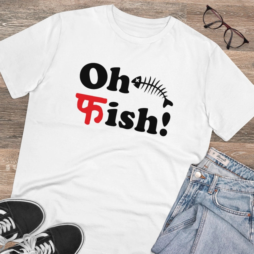जेनरिक मेन्स पीसी कॉटन ओह फिश प्रिंटेड टी-शर्ट (रंग: सफेद, थ्रेड काउंट: 180 जीएसएम)