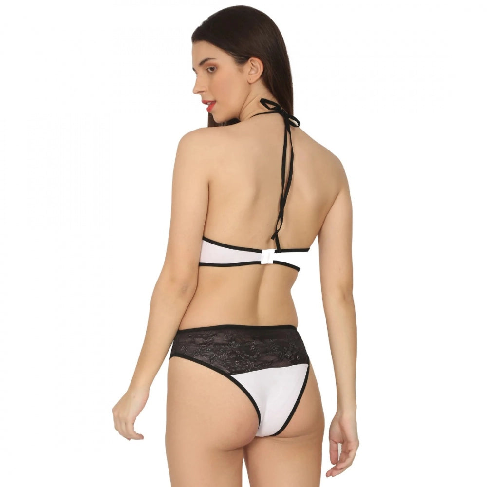 जेनरिक महिलाओं की कॉटन लेस हॉल्टर नेक लॉन्जरी, काले लेस और सफेद रंग में (सफेद और काला)