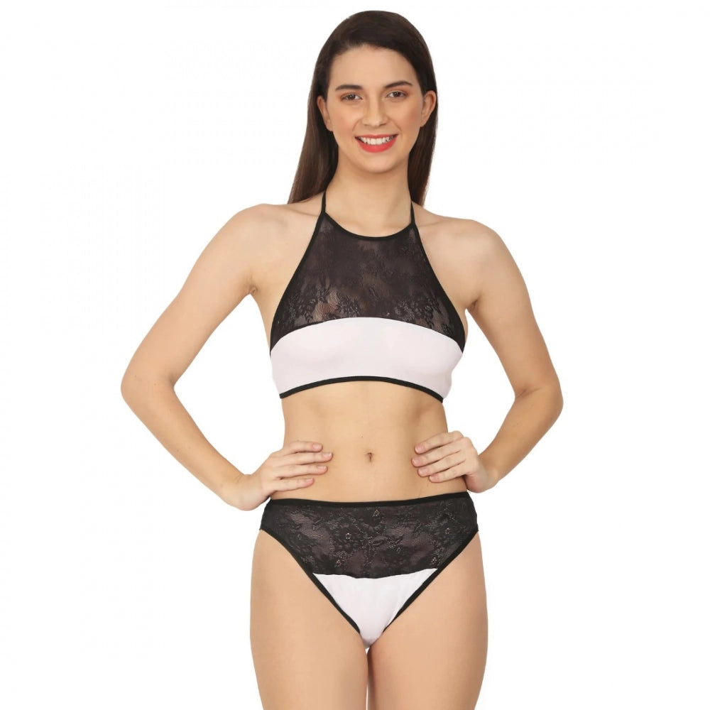 जेनरिक महिलाओं की कॉटन लेस हॉल्टर नेक लॉन्जरी, काले लेस और सफेद रंग में (सफेद और काला)