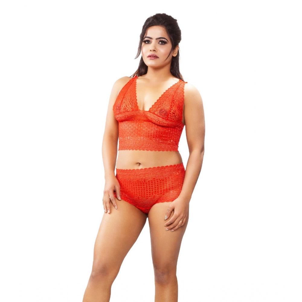 महिलाओं के लिए जेनेरिक लेस ब्रा और पैंटी सेट, सेल्फ डिज़ाइन लॉन्जरी सेट (लाल)