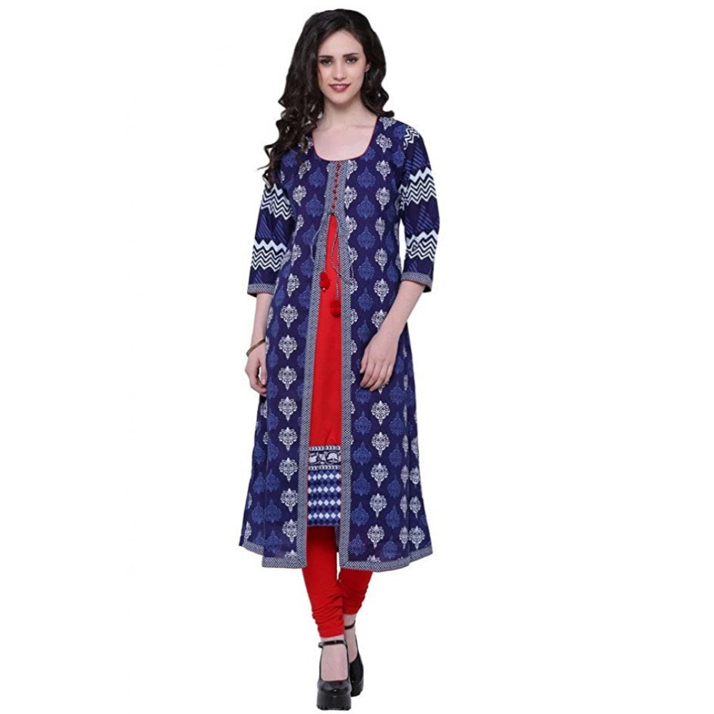 जेनरिक महिलाओं की कॉटन प्रिंटेड लॉन्ग कुर्ती (नीला, लाल, कॉटन)