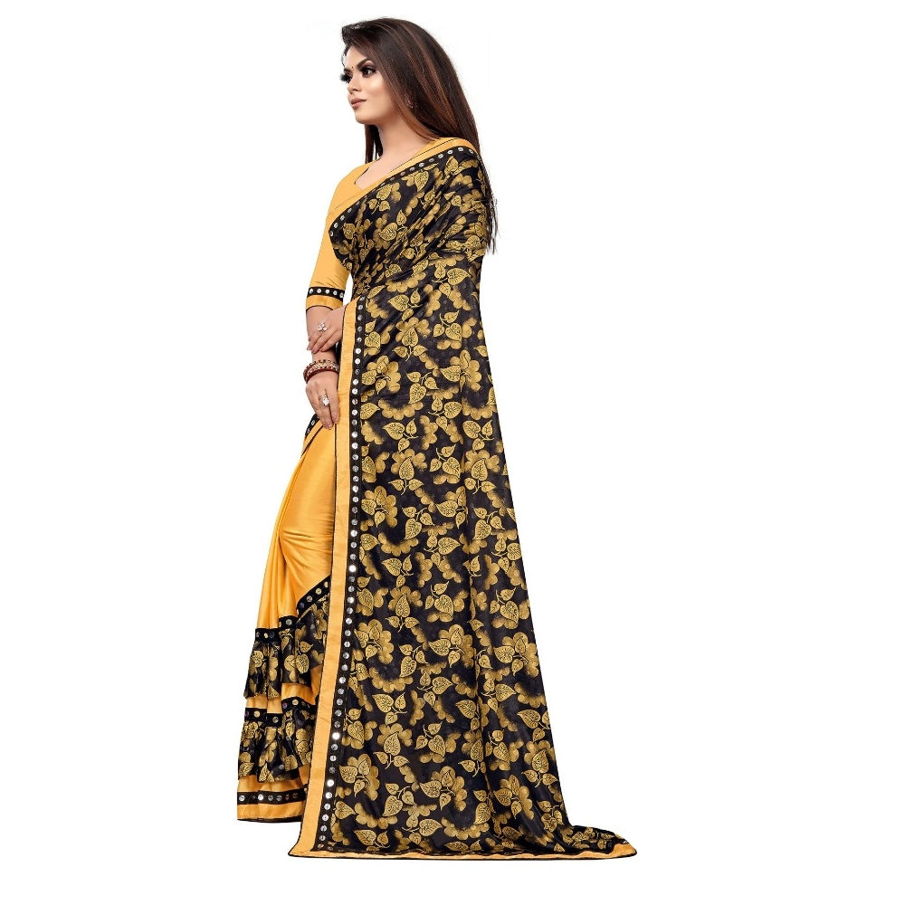 महिलाओं के लिए लाइक्रा ब्लेंड साड़ी (ब्लाउज सहित) (सरसों रंग, 5-6 मीटर)