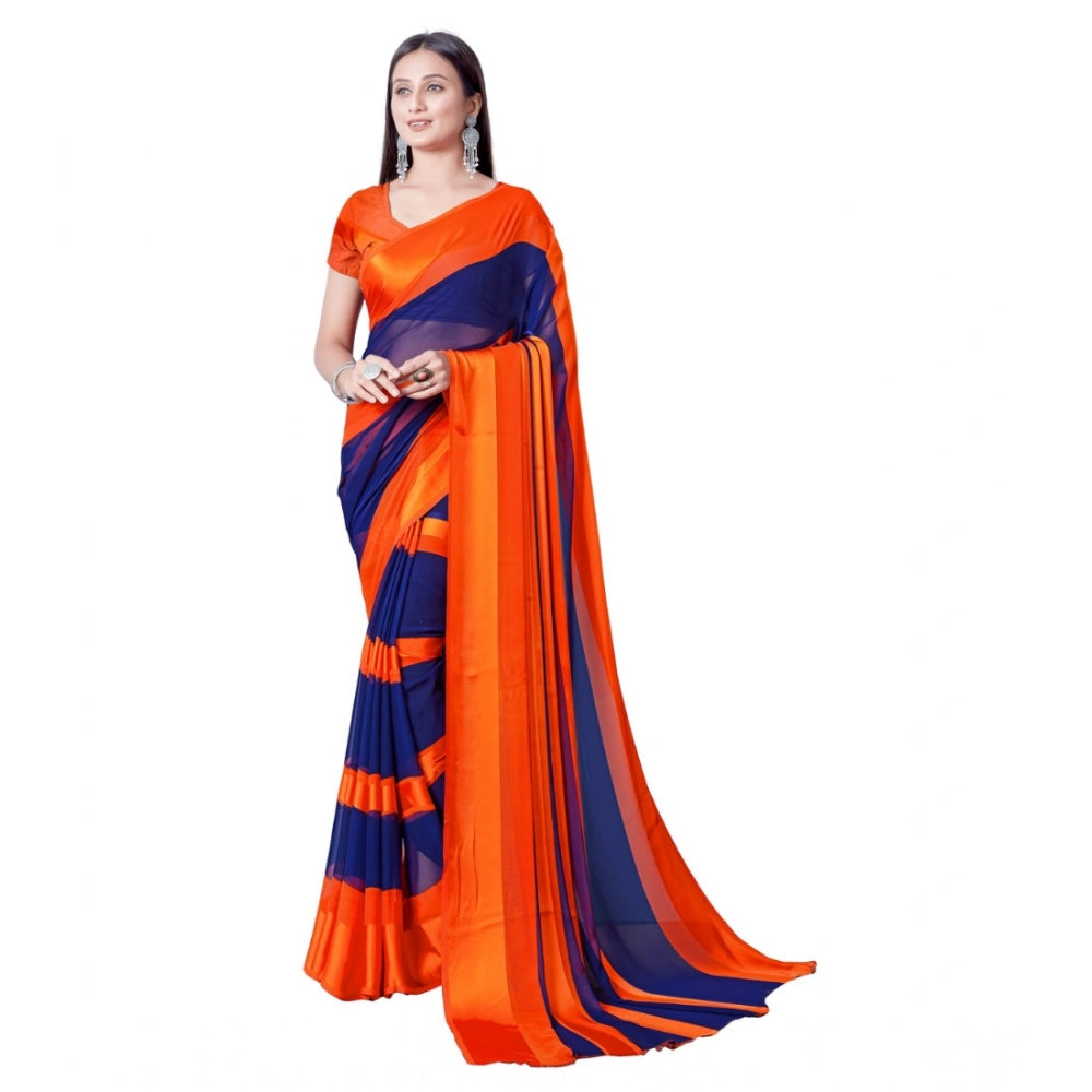 महिलाओं के लिए साटन पट्टा प्रिंटेड साड़ी, बिना सिले ब्लाउज के साथ (नारंगी)