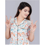 महिलाओं के लिए जेनेरिक कैज़ुअल हाफ स्लीव प्रिंटेड विस्कोस रेयॉन शर्ट और पजामा पैंट नाइट सूट सेट (सफेद)
