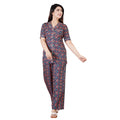  Women's Casual Half Sleeve Printed Viscose Rayon Shirt With Pyjama Pant Night Suit Set (Blue)