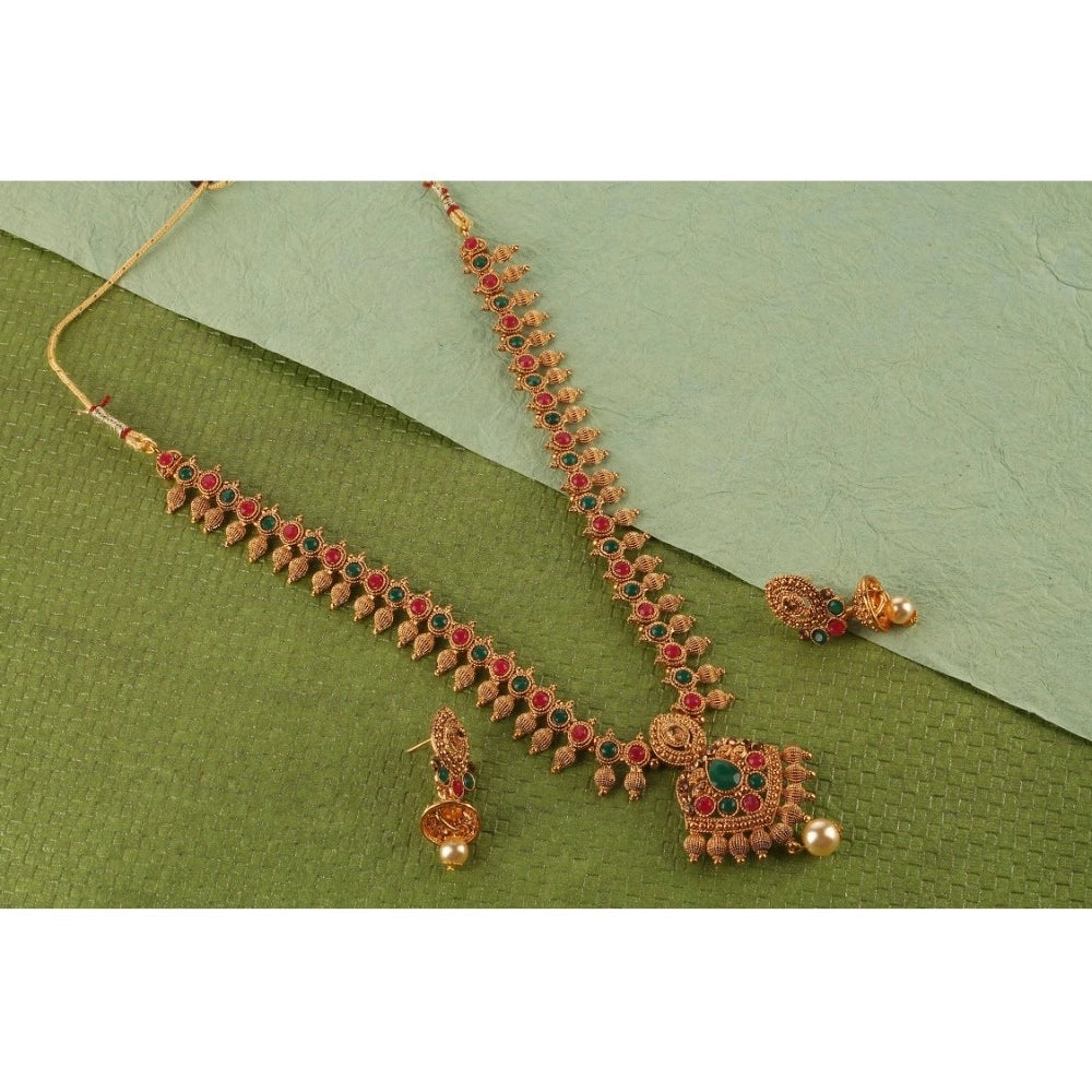 महिलाओं के लिए रोज़ गोल्ड प्लेटेड अलॉय नेकलेस और इयररिंग्स का सेट (हरा और लाल)