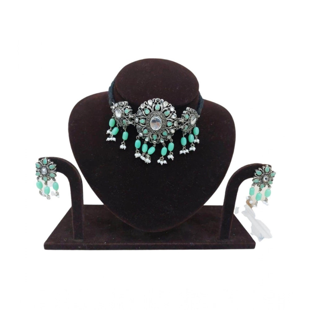 महिलाओं के लिए रोज़ गोल्ड प्लेटेड अलॉय नेकलेस और इयररिंग्स का सेट (हल्का हरा)