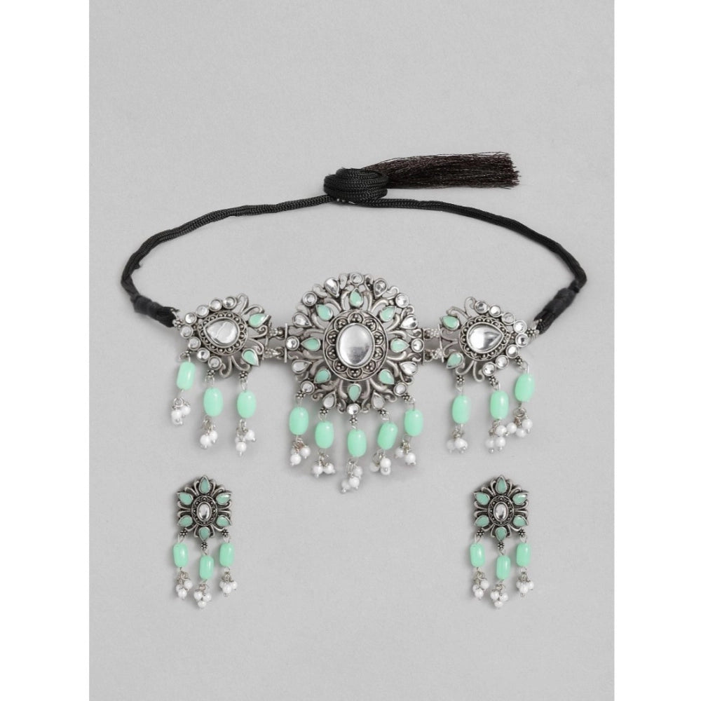 महिलाओं के लिए रोज़ गोल्ड प्लेटेड अलॉय नेकलेस और इयररिंग्स का सेट (हल्का हरा)