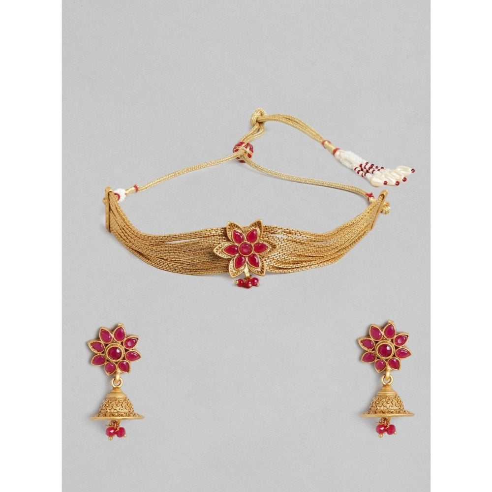 महिलाओं के लिए रोज़ गोल्ड प्लेटेड अलॉय नेकलेस और इयररिंग्स का सेट (गोल्ड)