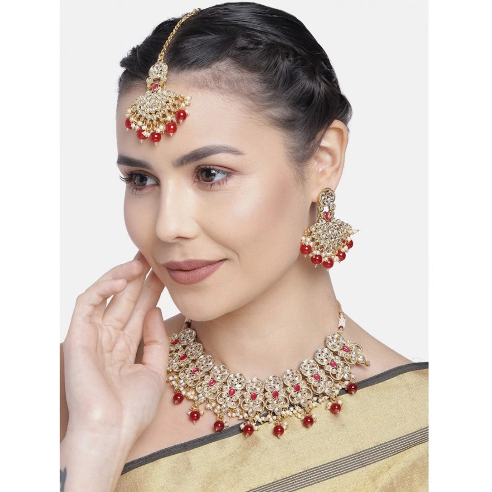 जेनेरिक महिलाओं का रोज़ गोल्ड प्लेटेड अलॉय नेकलेस और इयररिंग्स सेट (लाल)