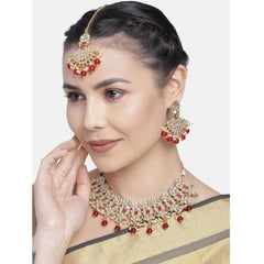 जेनेरिक महिलाओं का रोज़ गोल्ड प्लेटेड अलॉय नेकलेस और इयररिंग्स सेट (लाल)