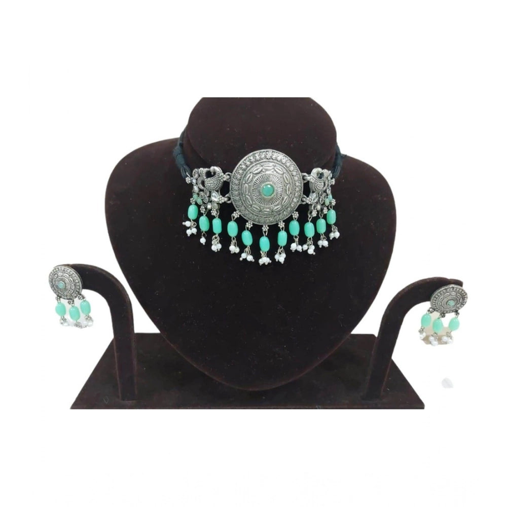 महिलाओं के लिए रोज़ गोल्ड प्लेटेड अलॉय नेकलेस और इयररिंग्स का सेट (हल्का हरा)