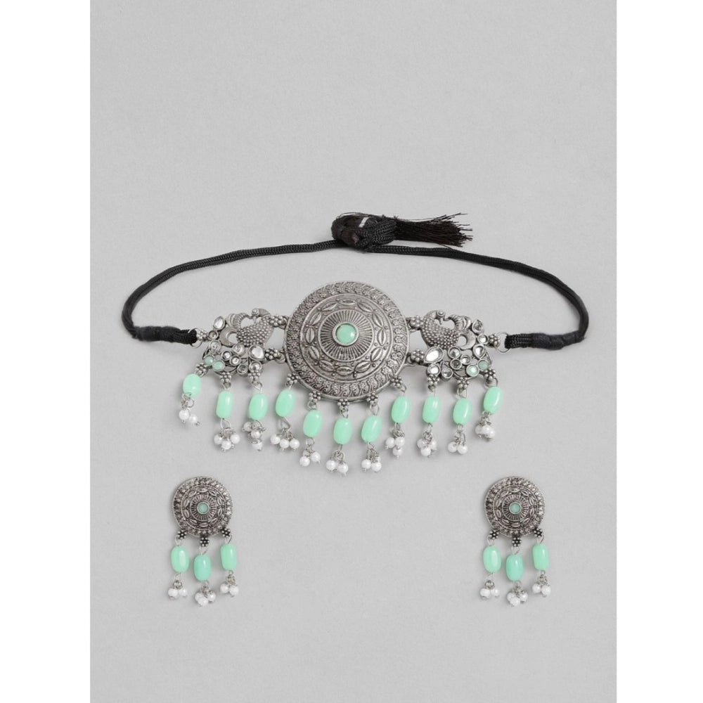 महिलाओं के लिए रोज़ गोल्ड प्लेटेड अलॉय नेकलेस और इयररिंग्स का सेट (हल्का हरा)