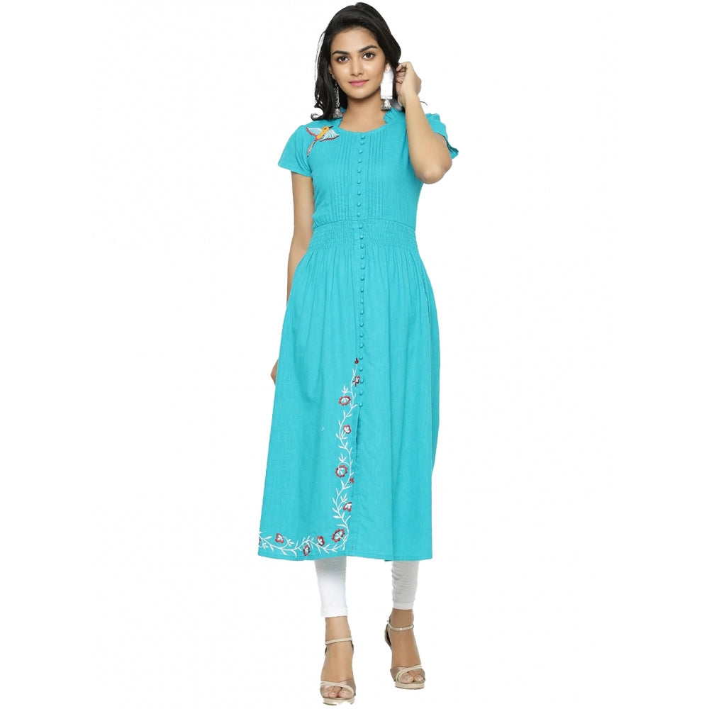 जेनरिक महिलाओं की कैजुअल शॉर्ट स्लीव एम्ब्रॉयडरी कॉटन स्लब कुर्ती (टॉर्क ग्रीन)