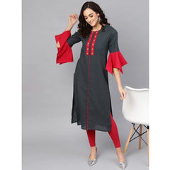 जेनरिक महिलाओं की कैजुअल बेल स्लीव्स मिरर वर्क कॉटन स्लब कुर्ती (ग्रे)