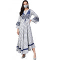  Women's Casual Bell Sleeve Floral Printed Rayon Dress (White &amp;amp; Blue)