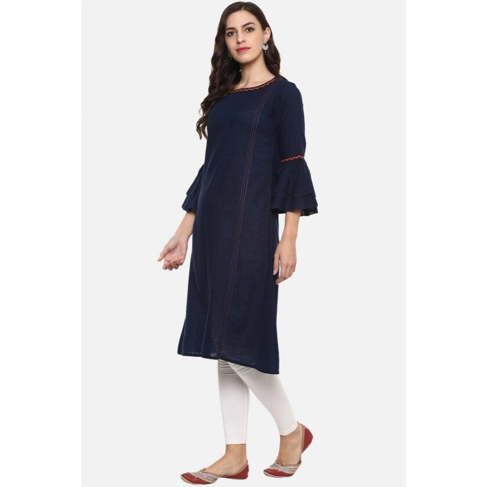 जेनरिक महिलाओं की कैजुअल बेल स्लीव्स सॉलिड कॉटन स्लब कुर्ती (नीला)
