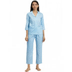 Generic Women's Casual 3/4 th Sleeve Floral Printed Rayon Shirt With Pyjama Pant Night Suit Set (Blue)