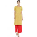  Women's Casual Short Sleeves Floral Printed Cotton &amp;amp; Rayon Kurti Palazzo Set (Yellow &amp;amp; Red)