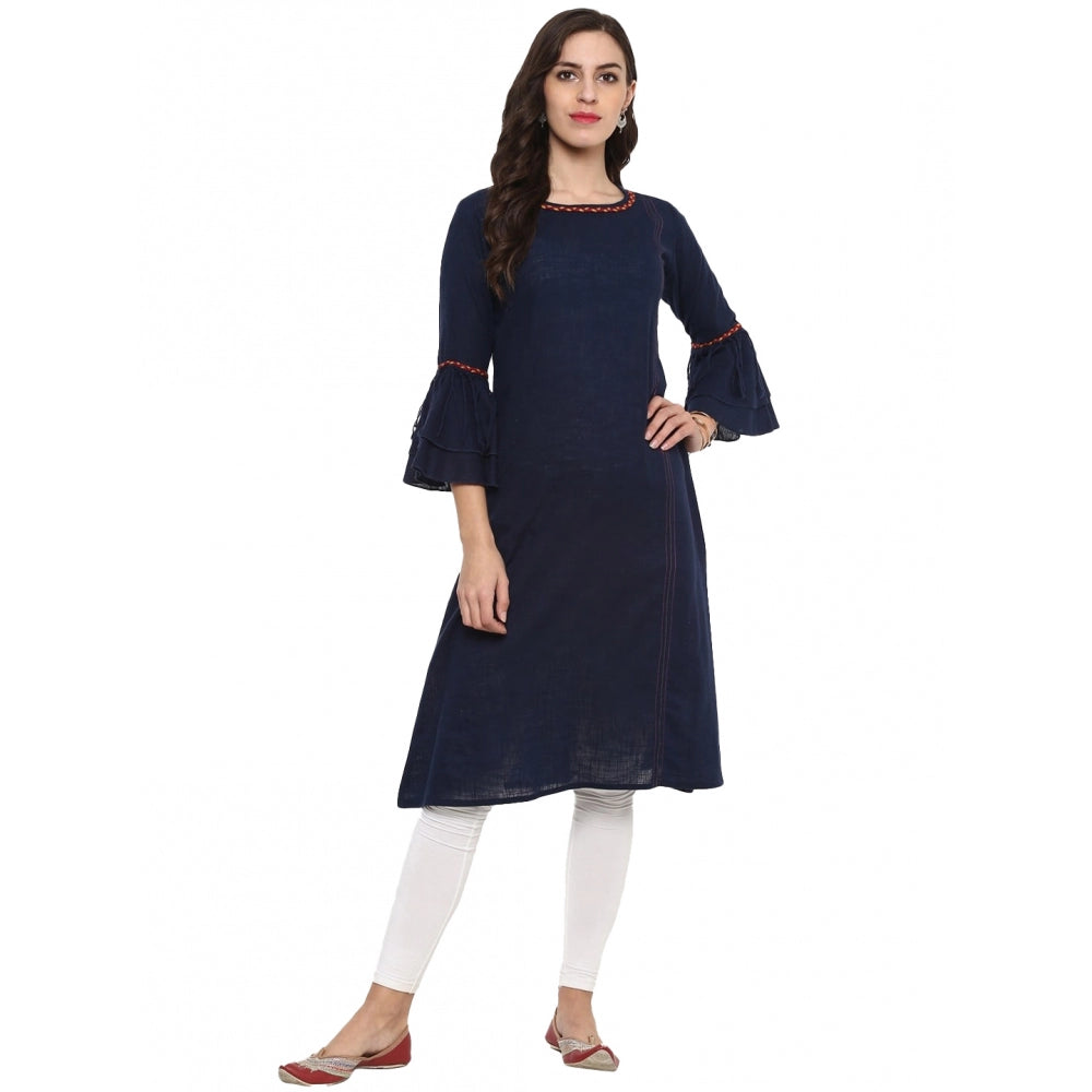 जेनरिक महिलाओं की कैजुअल बेल स्लीव्स सॉलिड कॉटन स्लब कुर्ती (नीला)