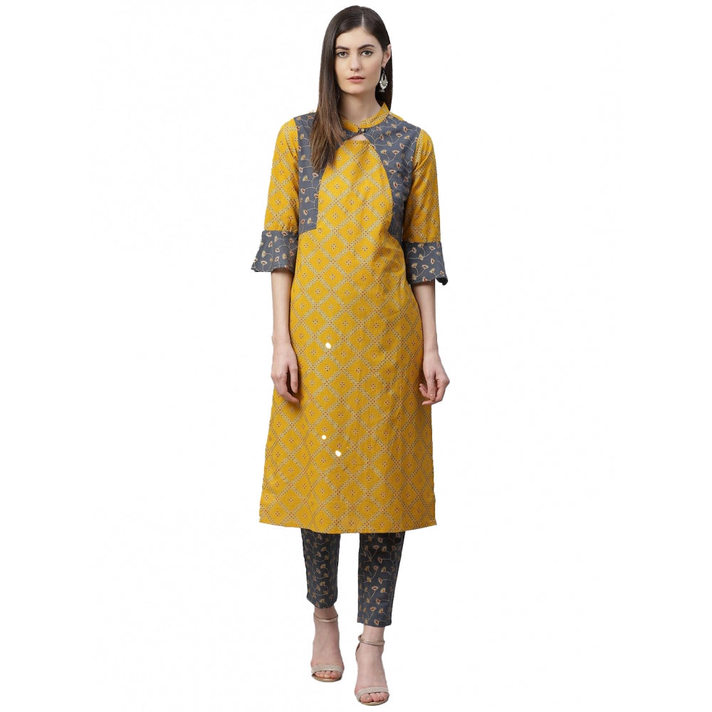 जेनरिक महिलाओं का कैजुअल बेल स्लीव्स ज्योमेट्रिकल प्रिंटेड कॉटन कुर्ती सेट (पीला)