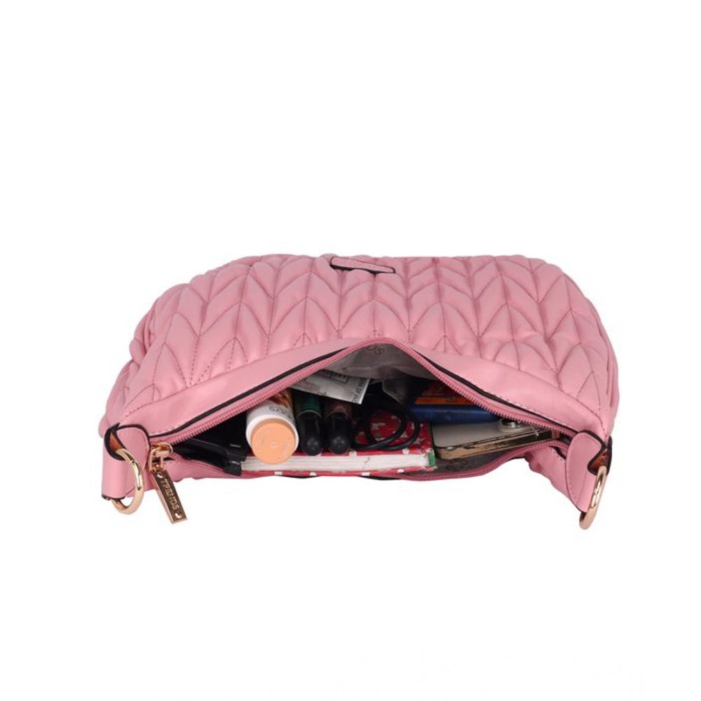 सामान्य महिलाओं का नकली चमड़े का टेक्सचर्ड हैंडबैग (गुलाबी)