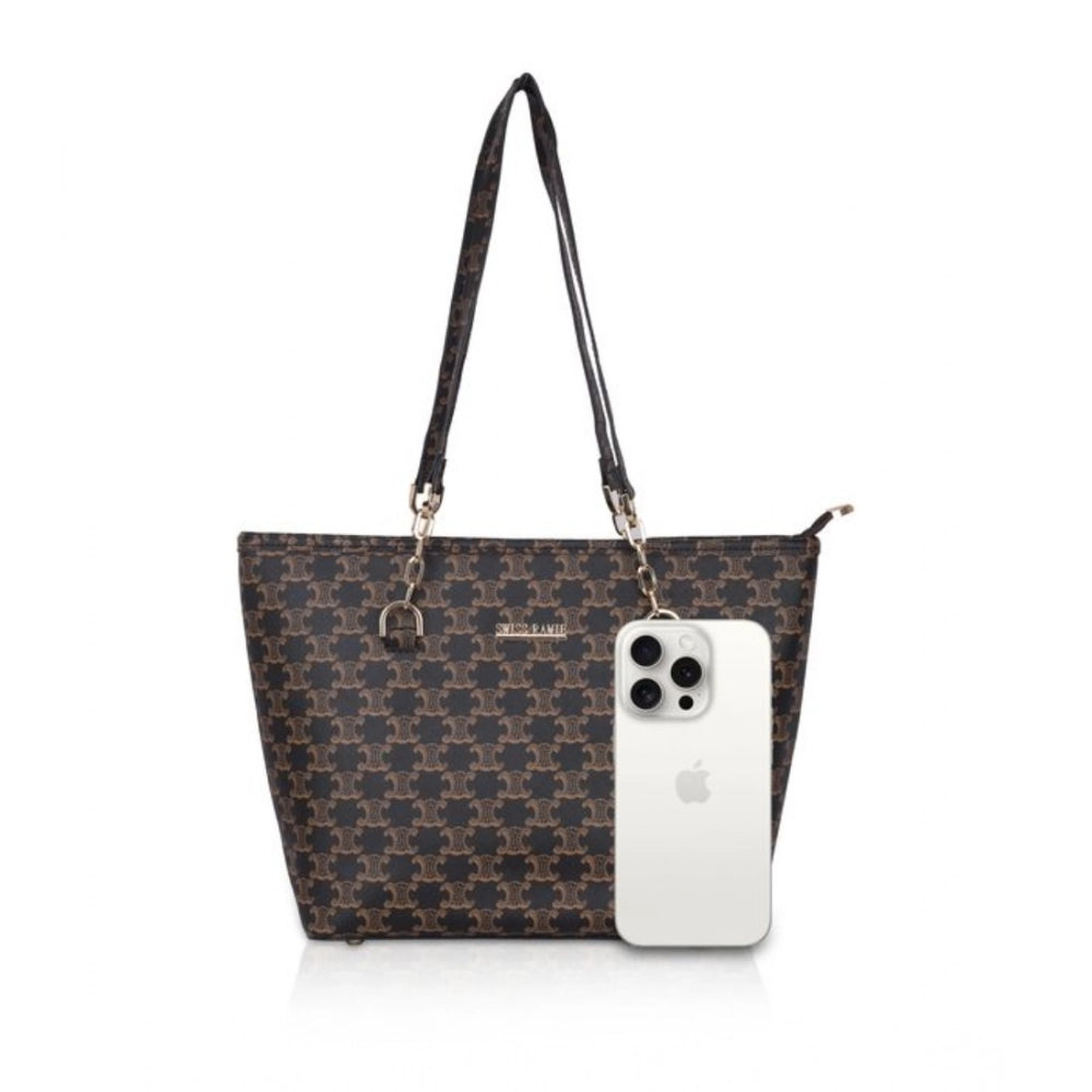 जेनरिक महिलाओं का फॉक्स लेदर प्रिंटेड टोट बैग (भूरा)