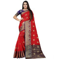  Women's Silk Blend Woven Saree With Unstitched Blouse 5.5Mtr (Red-Blue)