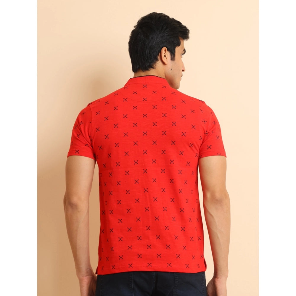 Generic Men's Casual Cotton Printed Mandarin Collar Half Sleeve T-Shirt (Red)